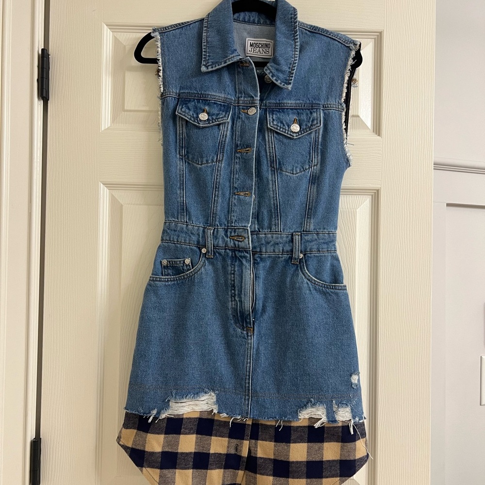 Moschino Denim Vest Dress with Plaid Hem